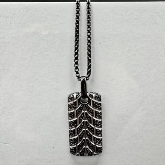 Rhodium Plated Sterling Silver “Racer” Tire Tread Black Diamond Tag With Chain - Picture 5 of 9